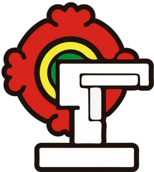 Glifo del municipio Valle de Chalco Solidaridad: un disco rojo con borde festoneado y aro amarillo-verde, sobre una gran letra o figura blanca con pedestal, que combina los glifos de casa y ombligo.