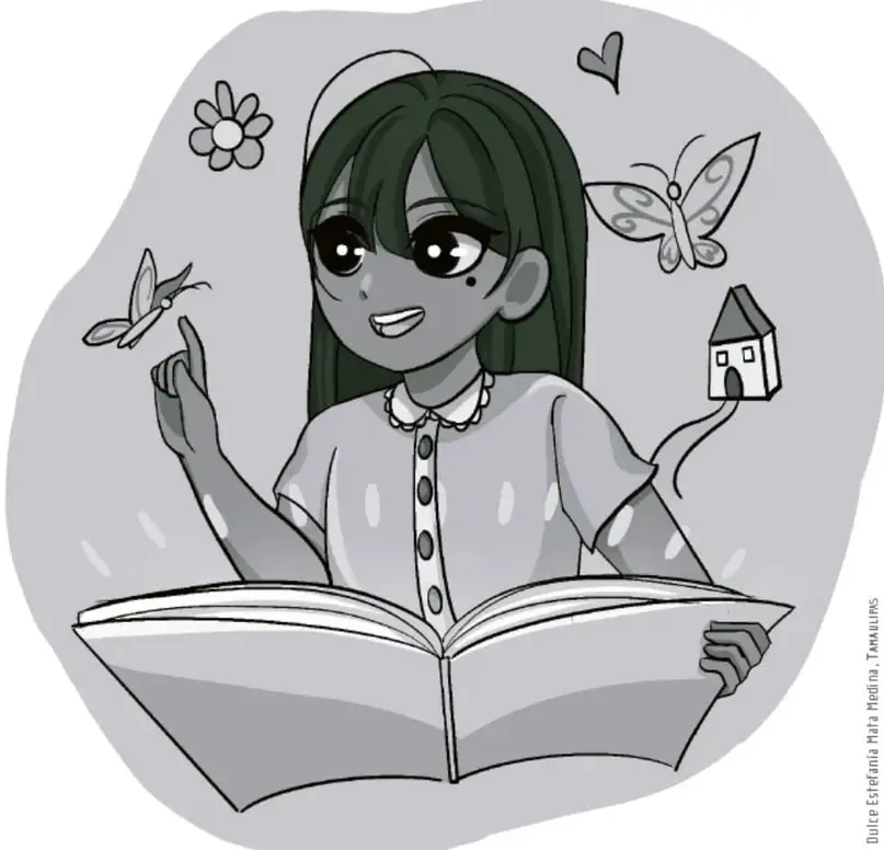 Ilustración de una niña con cabello largo verde leyendo un libro abierto. A su alrededor flotan una flor, dos mariposas, un corazón y una casita. La imagen representa la imaginación y el aprendizaje a través de la lectura.
