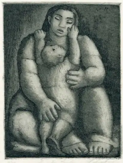 Reproducción de la obra 'Mamita linda' (1945) de Celia Calderón de la Barca, que muestra a una madre abrazando a su hijo.
