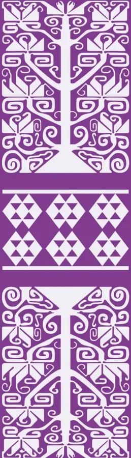 Patrón decorativo prehispánico en blanco sobre fondo morado con motivos geométricos y vegetales simétricos.