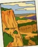 Ilustración de un paisaje con acantilados rocosos, cielo azul y vegetación.