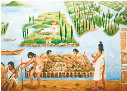 Ilustración de los mexicas construyendo chinampas sobre el lago, con canoas y cultivos.