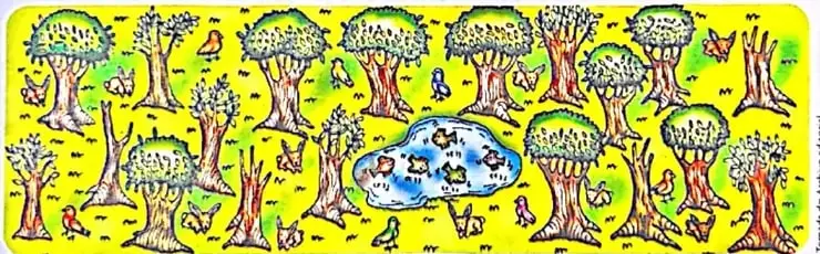 Paisaje con árboles de diferente cantidad de hojas, animales, aves, mariposas y una laguna.