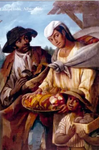 Ilustración de época colonial: un indígena y una mujer con canastos de frutas y verduras junto a un niño, en un entorno rural; refleja la vida cotidiana de los pueblos originarios.
