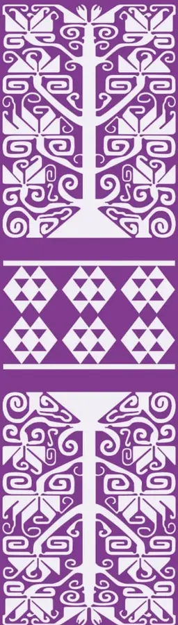 Patrón decorativo con figuras geométricas y motivos prehispánicos en color morado y blanco.