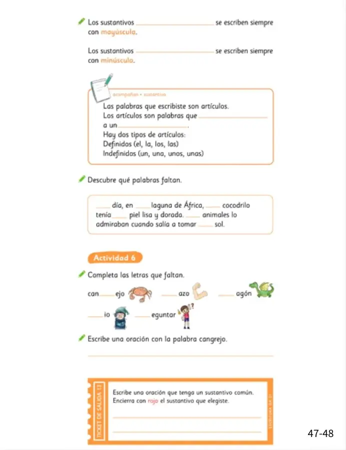 Íconos de lápiz y cuaderno con recuadro de artículos y sustantivos.