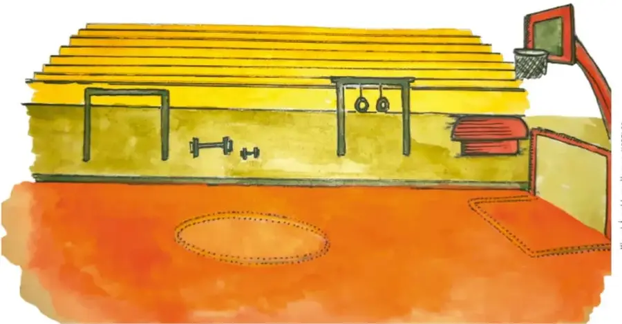 Ilustración en acuarela de un escenario escolar con gradas amarillas, portería de fútbol, barras con aros colgantes, pesas, banca roja, canasta de basquetbol y piso anaranjado con un óvalo marcado. Crédito: Miguel Ángel Luna Vargas, MORELOS.