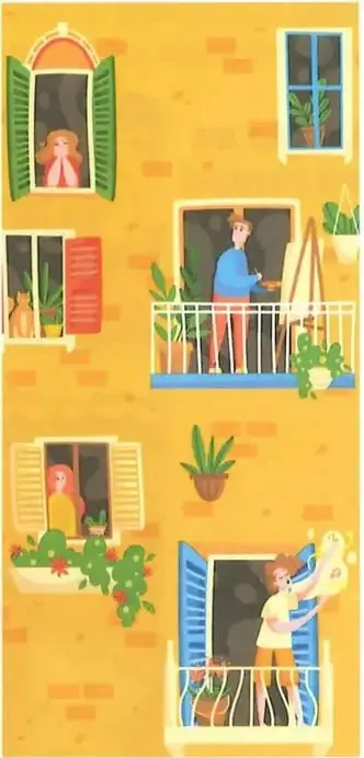 Ilustración de una edificación con ventanas, balcones, plantas y personas, que representa un barrio.