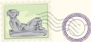 Estampilla con figura prehispánica reclinada (chac mool) sobre un tapete verde, con sello postal circular y marcas de correo.