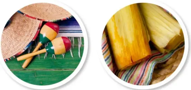 Foto circular con sombrero de paja y maracas sobre tela verde.