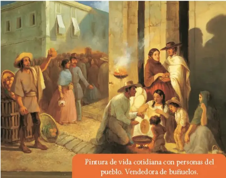 Pintura de vida cotidiana con personas del pueblo. Vendedora de buñuelos.