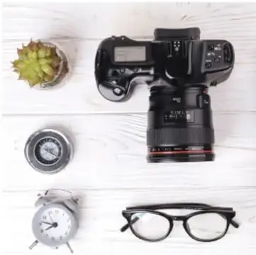 Fotografía cenital de objetos sólidos: una cámara fotográfica, un reloj de despertar, unos lentes y una planta suculenta.