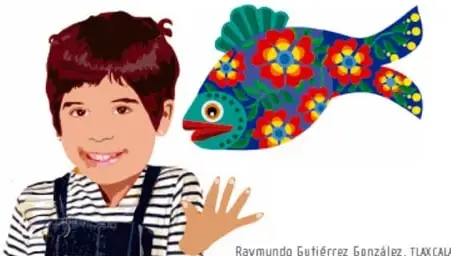 Ilustración de un niño sonriente con un pez de papel picado multicolor, obra de Raymundo Gutiérrez González, Tlaxcala.