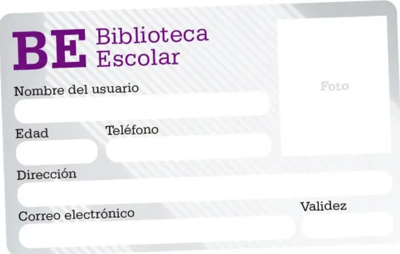Ilustración de una credencial de la Biblioteca Escolar con los campos: Nombre del usuario, Edad, Teléfono, Dirección, Correo electrónico, Validez y un espacio para Foto.