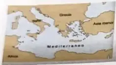 Mapa del mar Mediterráneo y del mar Negro, con Grecia y Asia señaladas.