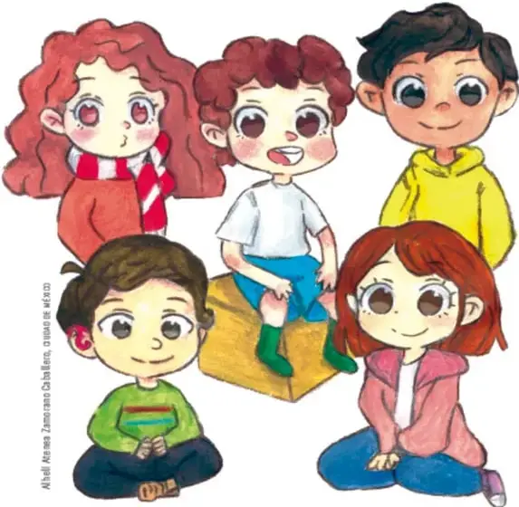 Ilustración de cinco niños y niñas en actitud de diálogo y trabajo en equipo.