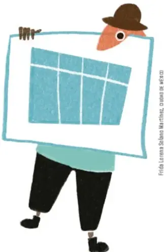 Ilustración de una persona con sombrero sosteniendo un cartel con una ventana de cuatro paneles.