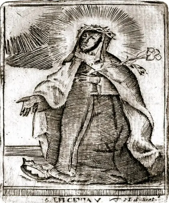 Grabado religioso de Santa Ifigenia de Etiopía arrodillada con corona de espinas y nimbo radiante, sosteniendo una palma y una flor, con la corona real caída al suelo a sus pies; pie de figura: 'Grabado de Santa Ifigenia de Etiopía, Novena novohispana de 1784, Sala Medina. Biblioteca Nacional de Chile.'