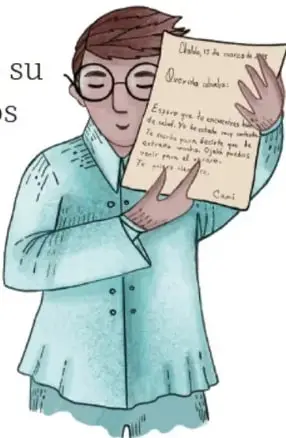 Ilustración de un estudiante con lentes sosteniendo una carta; crédito: Tania Villanueva López, PUEBLA.