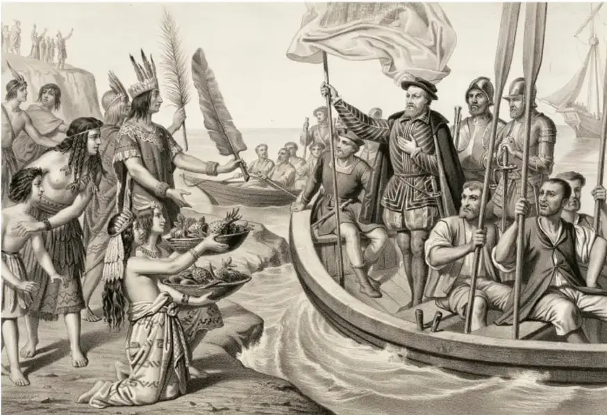 Grabado que representa el encuentro entre Hernán Cortés y los pueblos indígenas: Cortés desembarca de una embarcación con sus soldados, mientras mujeres indígenas ofrecen alimentos y un líder indígena sostiene una pluma.