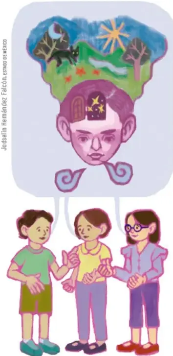 Ilustración de una cabeza con un paisaje natural dentro (montañas, sol, árboles y un animal) y, debajo, tres niños y niñas conversando. Alude a que la lengua y la cultura se llevan en la mente y se comparten en comunidad.