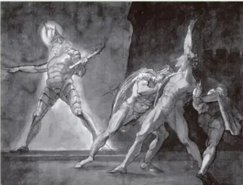 Pintura de Henry Fuseli (1789) que representa la Escena 4 del Acto 1 de *Hamlet*: el fantasma del rey ante Hamlet, con Horacio sosteniéndolo, en tono sombrío y dramático.