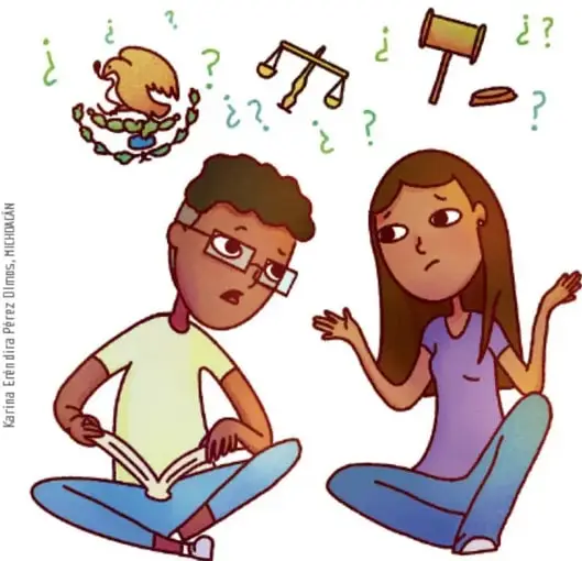 Ilustración de dos estudiantes sentados en el piso, uno leyendo un libro; sobre ellos flotan símbolos de interrogación, una balanza de la justicia y un martillo de juez, junto con la leyenda vertical del ilustrador Janina Elizabeth Pérez Dimas, Michoacán.