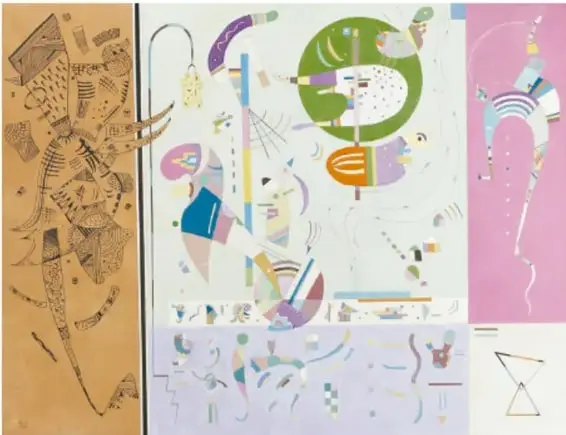 Obra 'Varias fiestas' (1940) de Kandinsky: composición abstracta con líneas finas, formas orgánicas y figuras de colores sobre franjas de fondo.