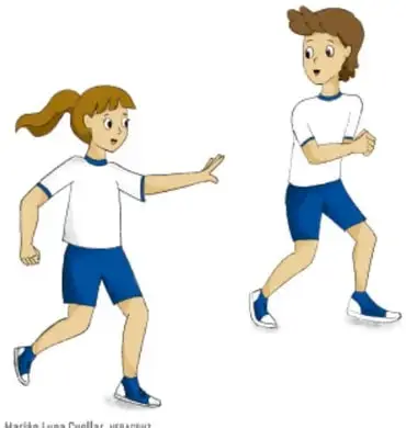 Ilustración de una niña y un niño con uniforme deportivo; la niña señala hacia la derecha y el niño camina. Al pie dice 'Marián Luna Cuéllar, VERACRUZ'.