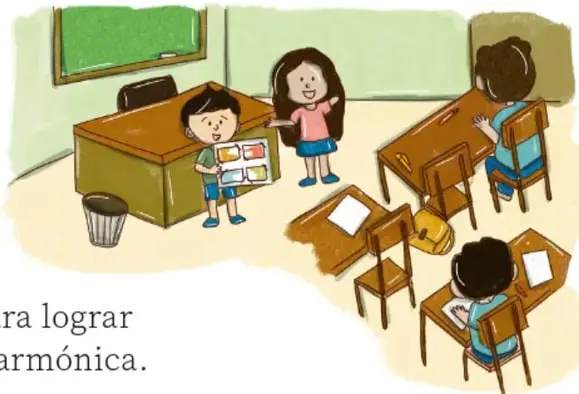 Ilustración de un aula de primaria con un niño mostrando un cartel de acuerdos, una niña hablando junto a la pizarra y dos alumnos trabajando en sus escritorios. Ilustración de Gemma Schiarffi Rosales, PRELBA.