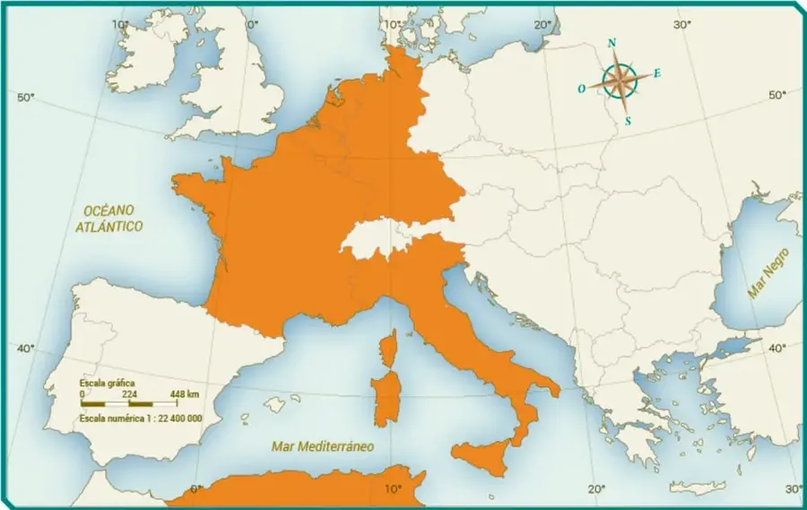 Mapa de Europa occidental que resalta en color naranja a los seis países integrantes de la CECA: Bélgica, Alemania Occidental, Francia, Italia, Países Bajos y Luxemburgo. Incluye océano Atlántico, mar Mediterráneo y mar Negro.