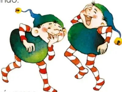 Ilustración de dos duendes risueños con gorro verde y azul con cascabeles, pantalón verde y calcetas rojas y blancas a rayas; uno se ríe tapándose la boca y el otro camina riendo.