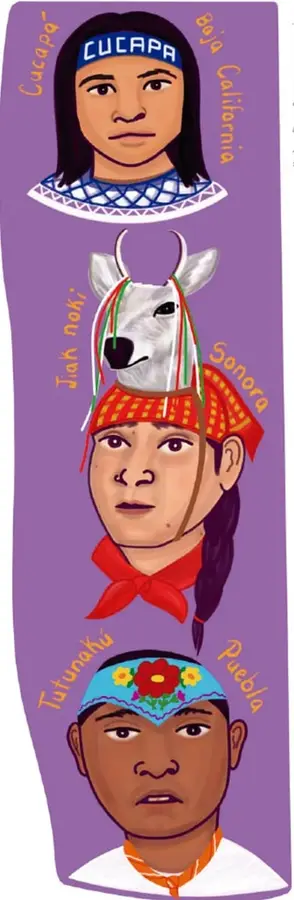 Tres retratos ilustrados de niños de pueblos originarios sobre fondo morado: arriba un niño cucapá de Baja California con diadema azul con la palabra CUCAPA y collar; al centro un niño yaqui de Sonora con máscara de venado (jak noki') de listones y pañoleta roja; abajo un niño tutunakú de Puebla con rebozo/paliacate bordado con flores y camisa blanca con paliacate naranja. Crédito vertical: Mariana Flores Serrano, CADINAH/CDN, UNAM (texto pequeño poco legible).