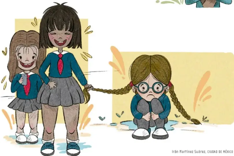 Ilustración de tres alumnas: dos ríen y una jala la trenza de una tercera niña que está sentada y triste con lentes; representa una falta de respeto (burla) para contrastar con el contenido.