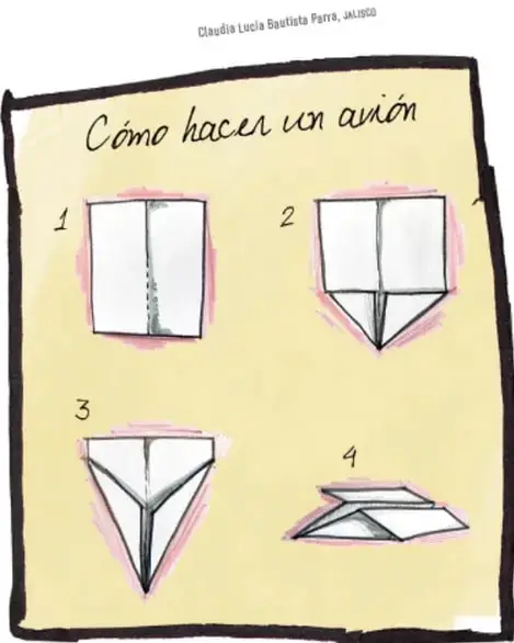 Ilustración titulada "Cómo hacer un avión" con cuatro recuadros numerados que muestran los dobleces de una hoja de papel hasta formar un avión.