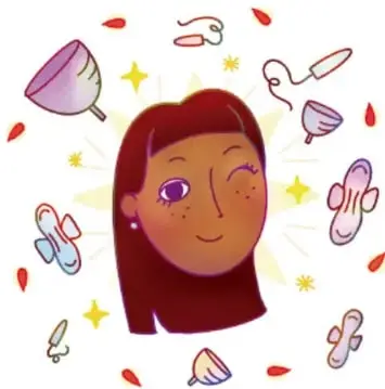 Ilustración de una joven rodeada de productos de higiene menstrual (copas menstruales, toallas sanitarias, tampones). Crédito: Karina Eréndira Pérez Olmos, Michoacán.