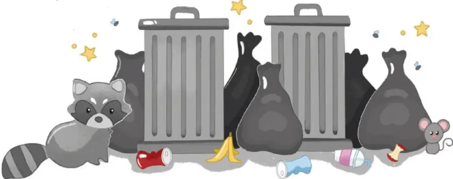 Ilustración de dos botes de basura metálicos con bolsas negras de basura alrededor, cáscaras de plátano, latas y envases tirados, un mapache, un ratón y estrellas; crédito a Vanessa Roldán García, Estado de México.