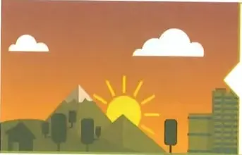 Ilustración de un hábitat rural con una casa, un árbol y una vaca.