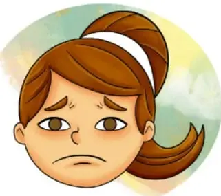 Rostro de niña con expresión de tristeza (cejas inclinadas, labio hacia abajo).