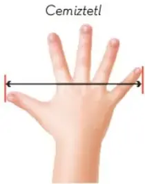 Ilustración de una mano abierta que muestra la medida del Cemiztetl, distancia entre el dedo pulgar y el meñique.