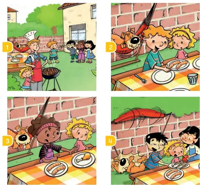 Cuatro viñetas de una historia: 1) niños y adulto en un patio con parrilla; 2) niña y niño comiendo pasta; 3) niña y gato junto a una reja; 4) niños comiendo al aire libre con un gato.