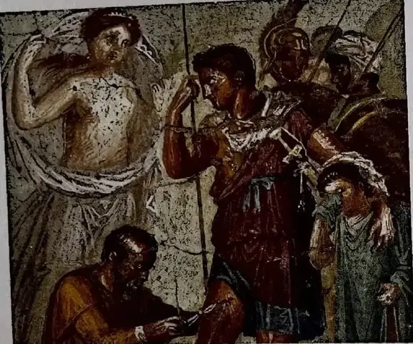 Ilustración del héroe Eneas después de su batalla con Turno, acompañada por otros personajes.