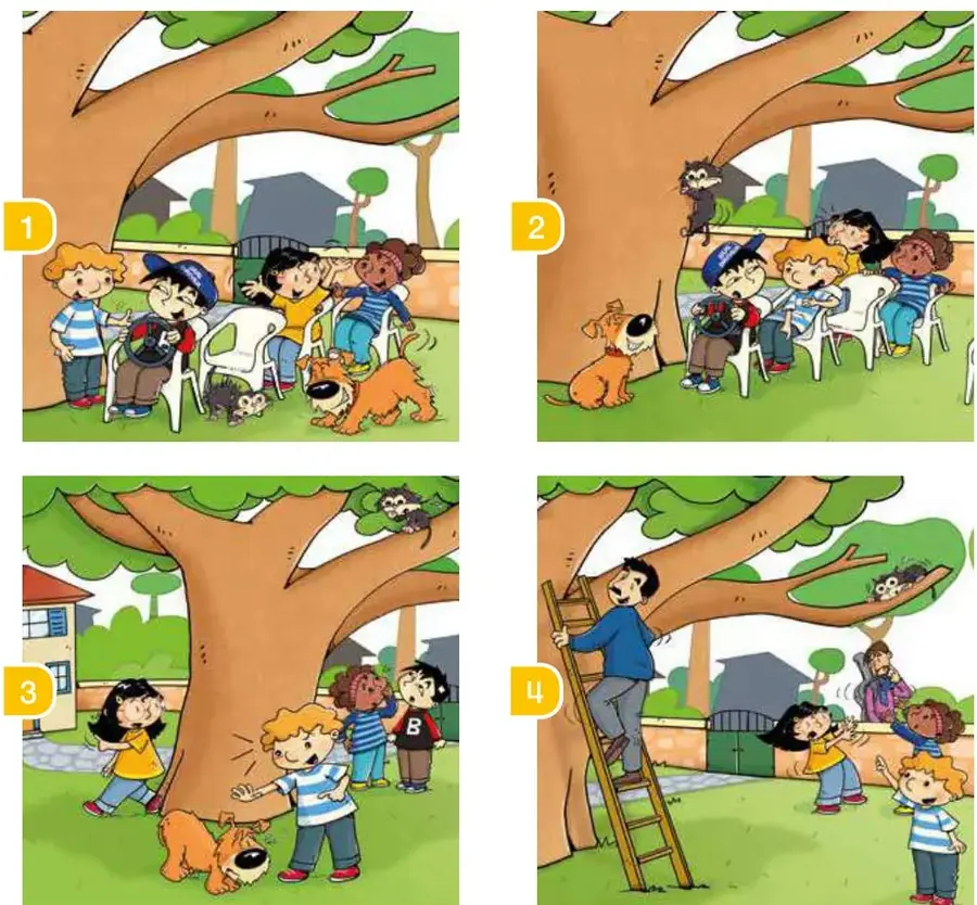 Niños jugando bajo un árbol con mascotas.