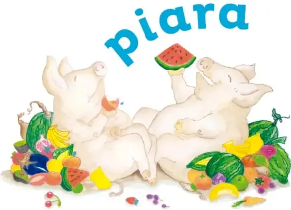Dos cerdos comiendo frutas y verduras (sandía, plátanos, zanahorias) entre hojas, y restos de comida. Ilustración central del verso de la piara.
