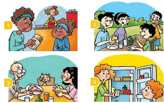 Cuatro escenas: 1. Niño comprando comida en un puesto. 2. Familia comiendo en la mesa. 3. Persona mayor y niña comiendo. 4. Niño abriendo el refrigerador.
