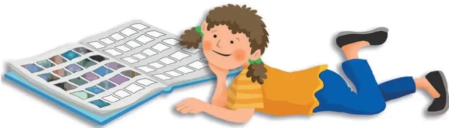 Niña recostada leyendo un álbum de láminas abierto; la cuadrícula muestra algunas celdas con láminas de colores y otras vacías.