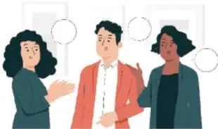 Ilustración de tres personas conversando: una mujer de cabello rizado que gesticula, un hombre de camisa rosa y una mujer de cabello afro, representando un debate.