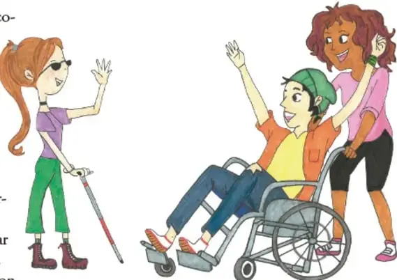 Ilustración de tres estudiantes: una chica con lentes y bastón blanco (discapacidad visual), un chico en silla de ruedas y una chica que lo acompaña, todos saludando. Crédito: Laura Lilian Prieto González, Ciudad de México.