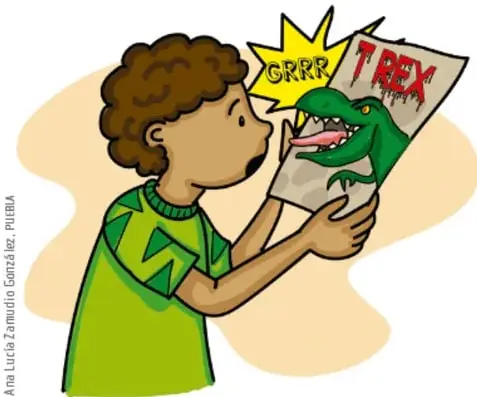 Niño observando un cartel con un dinosaurio T-REX rugiendo (GRRR); pie: Textos e imágenes llamativas.