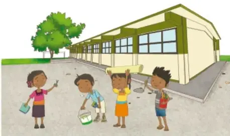 Ilustración del patio de la escuela con cuatro estudiantes preparando la instalación (con cubetas y materiales) frente al edificio escolar. Crédito: Maya Selene García López, Ciudad de México.